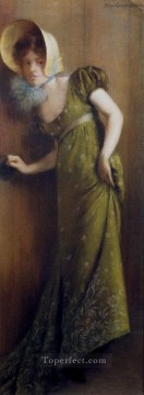  vestido - Mujer elegante con un vestido verde Carrier Belleuse Pierre